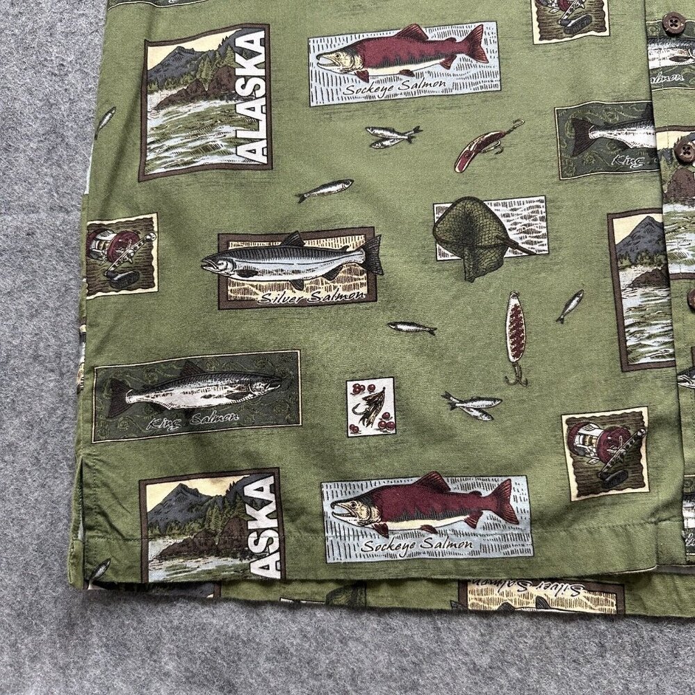 David Carey Camp Shirt Men 2XL Green Alaska Print Fish Graphic Short Sleeve - Picture 4 of 11